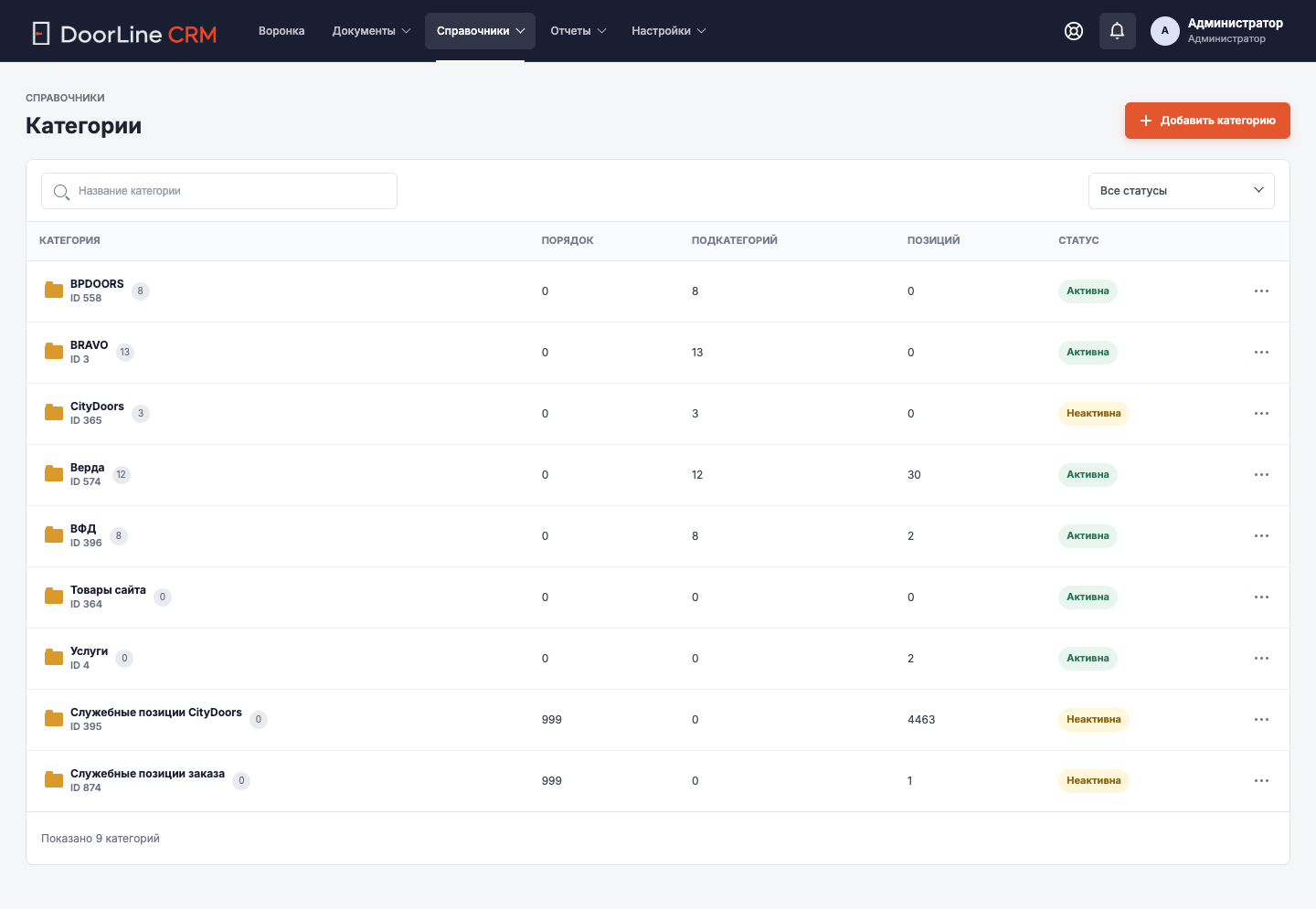 Экран CRM: Категории