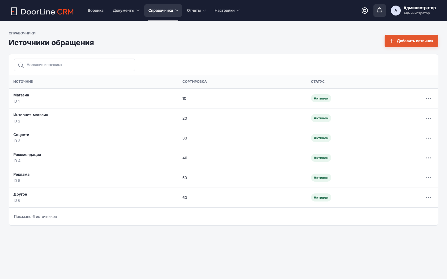 Экран CRM: Источники обращения