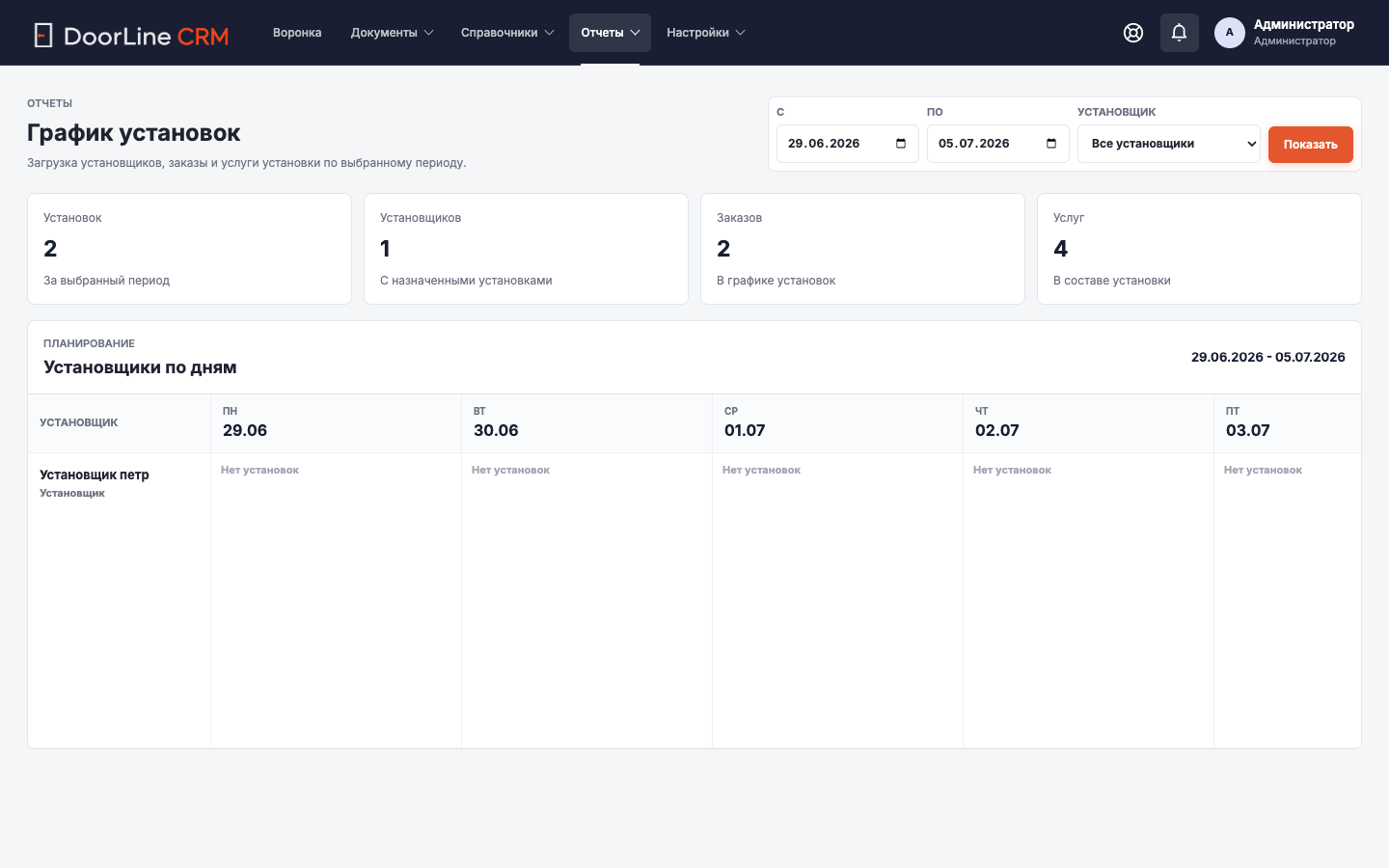 Экран CRM: График установок